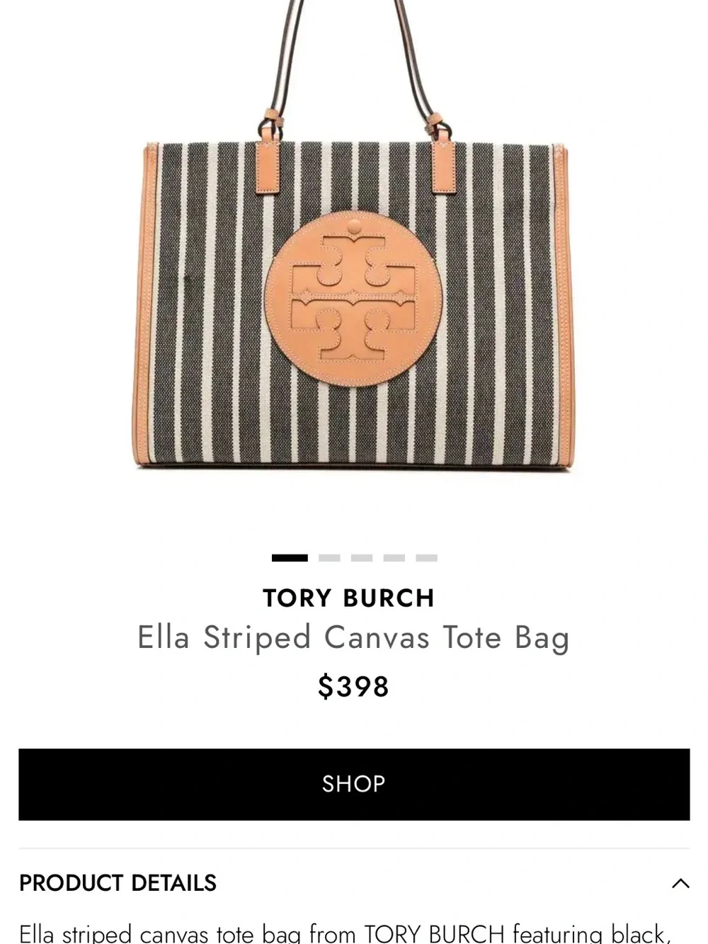 RARE…Tory Burch Black and Tan Striped Ella Canvas Tote with Logo Medallion